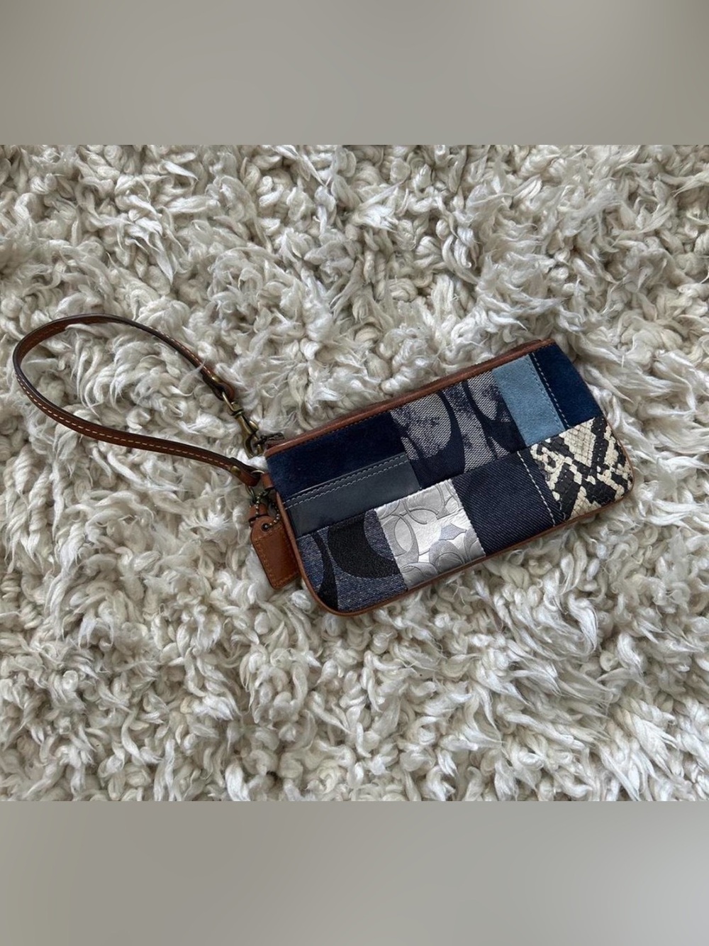 Coach Patchwork Wristlet in Navy, Light Blue and Brown Leather Trim